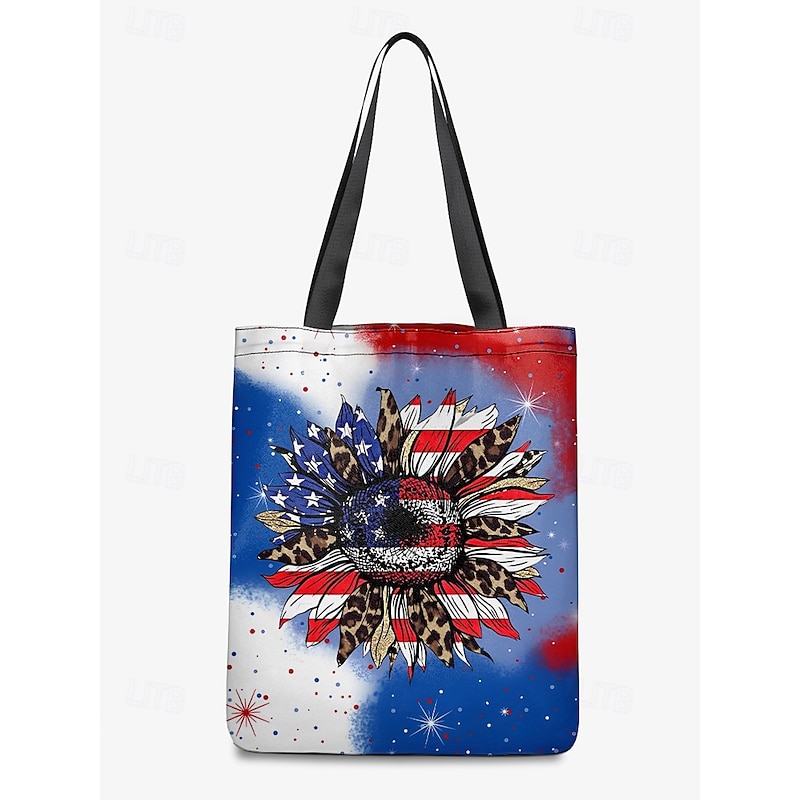 American Flag Sunflower Print Tote Bag with Starry Background, Boho Style, Perfect for Women - Ideal for Independence Day, Festivals and Beach Outings2