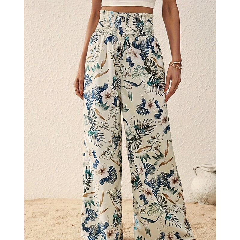 Women's Slacks Pants Trousers Fashion Boho Full Length Natural Floral Print Comfy Outdoor Comfortable Outdoor Vacation Casual Daily Apricot Light Sky Blue Pink Dark Navy Summer Regular Fit4