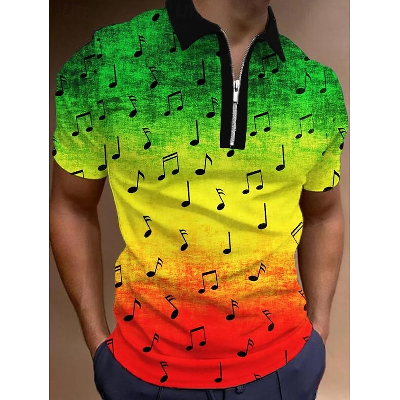 Men's Rainbow Musical Notes LGBT Zip Polo Short Sleeve Turndown Casual Daily Trendy Outdoor Sports & Outdoor Dailywear Zipper Summer Rainbow