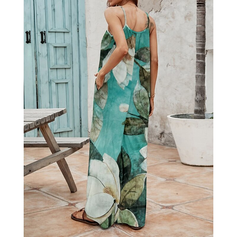 Women's Normal Jumpsuit Streetwear Floral Sleeveless U Neck Pocket Print Going out Weekend Regular Fit Green Summer3