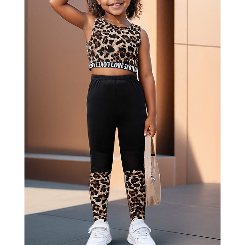 2 Pieces Kids Girls' Leopard Crewneck Tank & Pants Set Sleeveless Fashion Outdoor 4 years+ Summer Brown