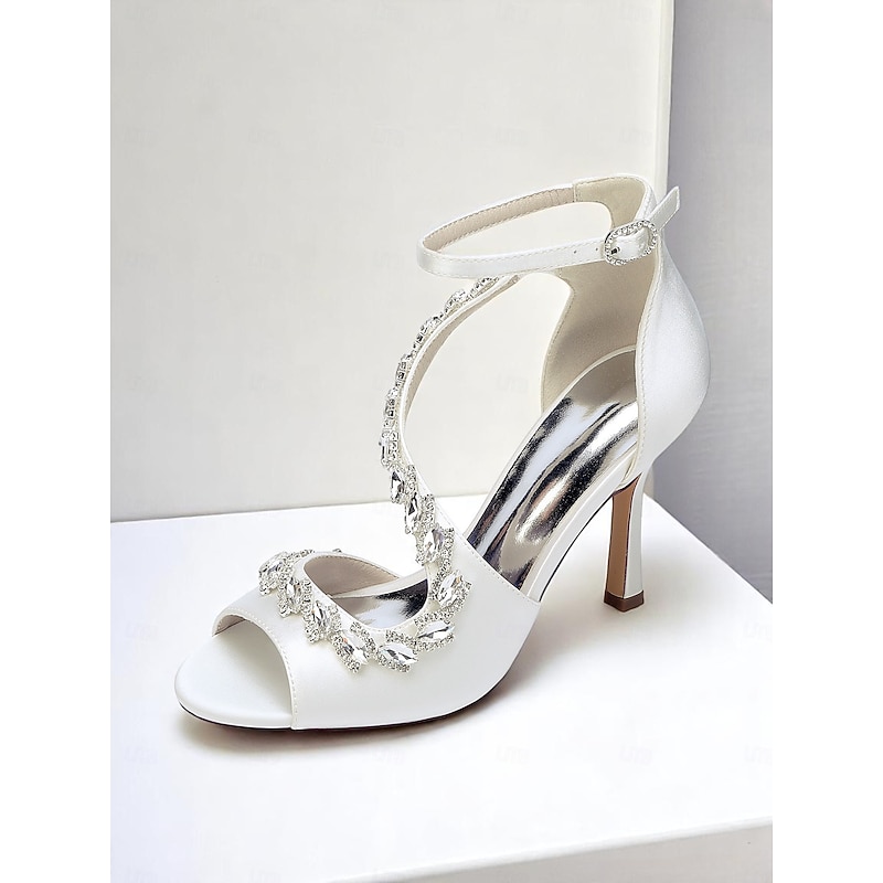 Women's White Stiletto Heels with Crystal Embellishments and Ankle Strap - Elegant Peep-Toe Dress Sandals for Cocktail Parties and Formal Events4