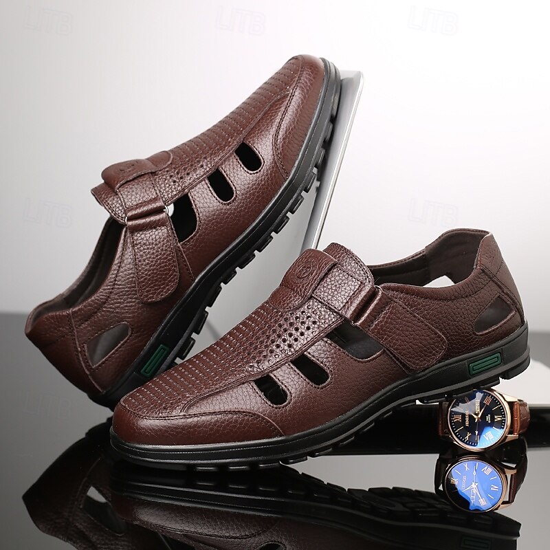 Men's Sandals Walking Casual PU Leather Breathable Comfortable Slip Resistant Buckle Black Brown Summer Spring Fall2
