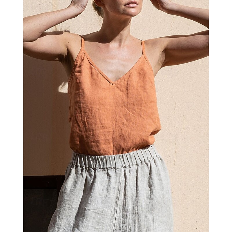 Women's Cotton Linen Vest Blouse Camisole Tank Top Plain Casual Sleeveless V Neck Crop Tops Daily Going out Orange Green Summer