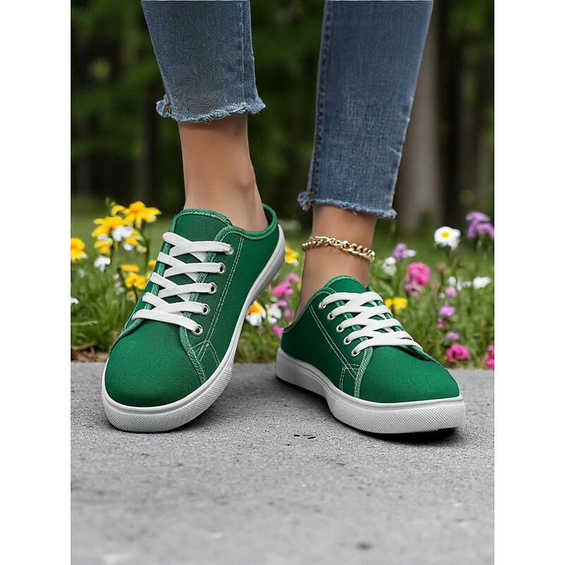 Women's Green Canvas Slip-On Sneakers with Lace-Up Design – Comfortable Backless Trainers, Ideal for Walking, Shopping, School Runs & Casual Summer Days3