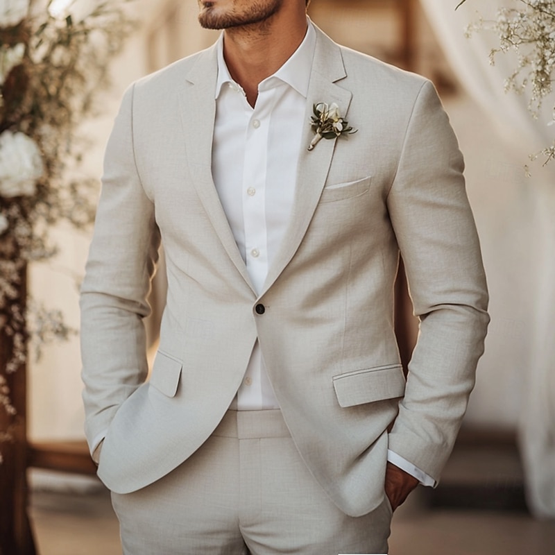 Men's Wedding Linen Suits Beige Fashion Formal Summer Solid Colored Standard Fit 2 Piece Single Breasted One-button