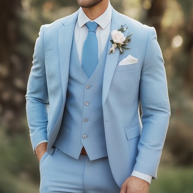Men's Wedding Suits Sky Blue Summer Formal Solid Colored Standard Fit 3 Piece Single Breasted One-button