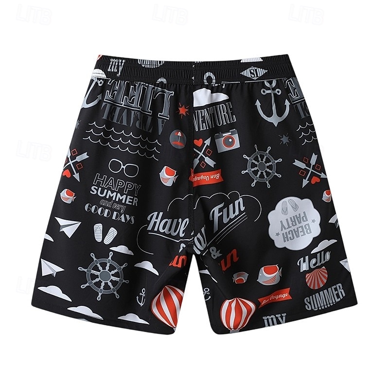 Men's Shorts Beach Shorts Drawstring Graphic Letter Abstract Quick Dry Outdoor Knee Length Outdoor Vacation Home Vacation Ethnic Style Lake blue White & Blue Stretchy3
