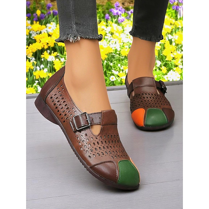 Women's Faux Leather Casual Wide Fit Shoes—Colorblock Comfort Barefoot Shoes, Breathable Cutouts, Adjustable Buckle Strap, Ideal for Garden Strolls, Weekend Outings and Daily Wear