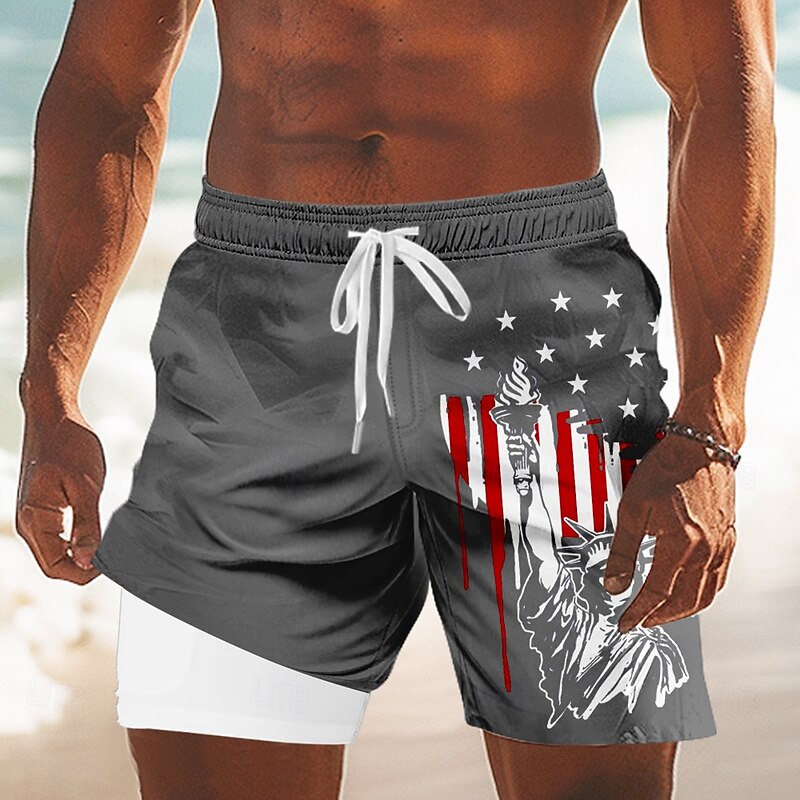 Independence Day Men's Flag Statue Of Liberty Patriotic Lined Shorts 2 in 1 Board Shorts Swim Trunks Mid Waist Holiday Side Pockets With Compression Liner Elastic Drawstring Waist Designer Clothing4