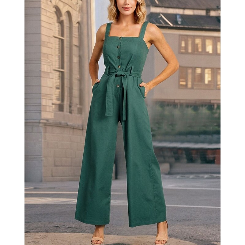Women's Normal Jumpsuit Casual Solid Color Sleeveless Wide Leg Buttons Pocket Street Daily Regular Fit Black Red Green Summer
