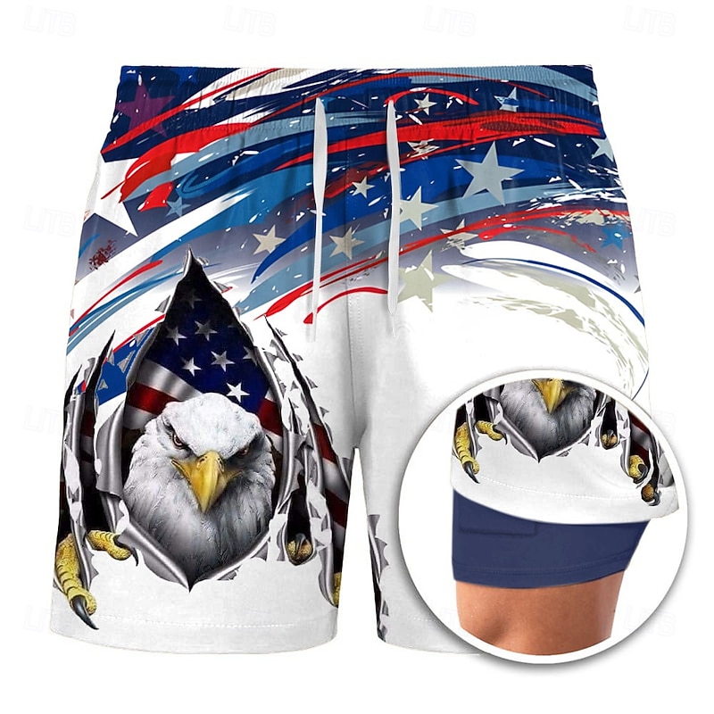 Independence Day Men's Eagle US Flag Patriotic Lined Shorts 2 in 1 Board Shorts Swim Shorts Mid Waist Hawaiian Holiday Side Pockets With Compression Liner Elastic Drawstring Waist Designer Clothing