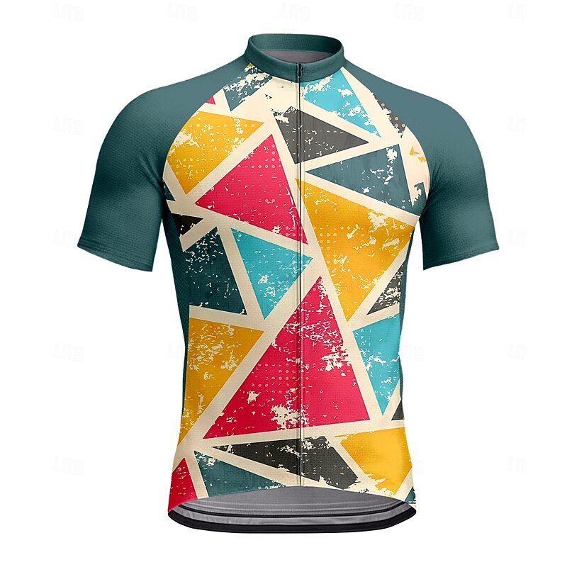 Men's Cycling Jersey Graphic Geometric Short Sleeve Bike Tee Tshirt Top with 3 Rear Pockets UV Resistant Quick Dry Front Zipper Reflective Strips Sports Green Clothing Apparel