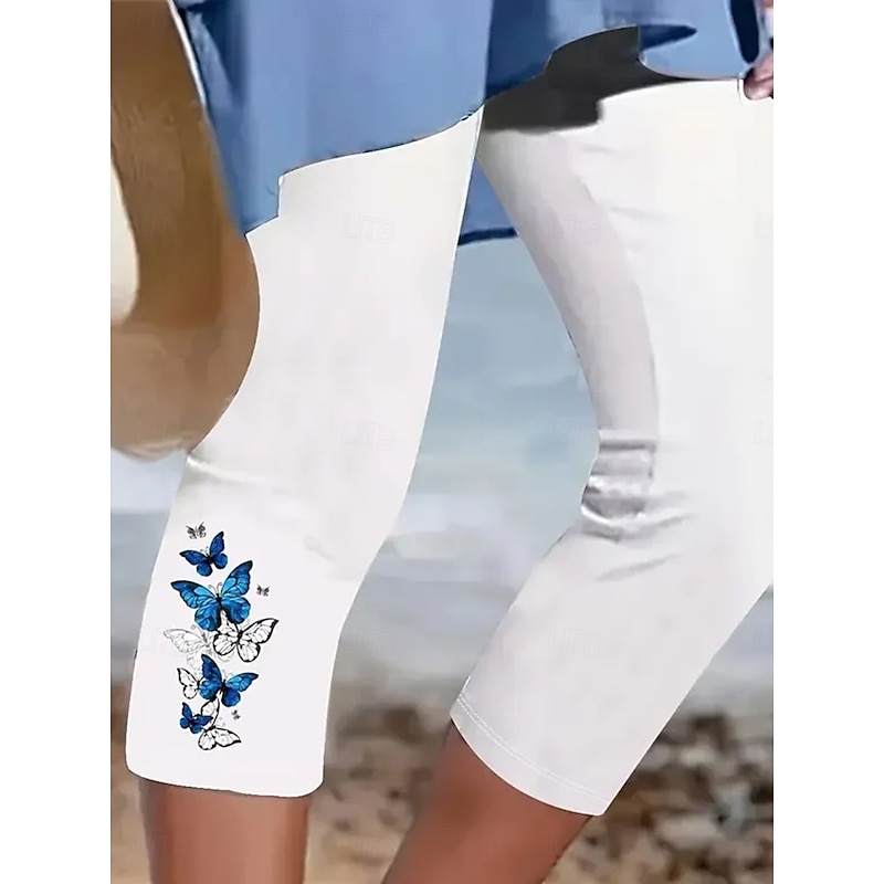 Women's Capri Pants Leggings Vacation Vintage Fashion Calf-Length High Waist Graphic Butterfly Embroidered Pocket Printing Breathable Soft Stretchy Outdoor Vacation Street Black White Summer Spring2