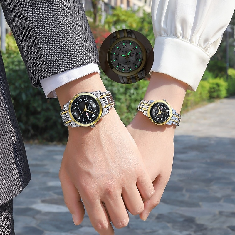 Two round digital dial elegant men and women Couples watch IPX7 waterproof grade Glow-in-light double calendar Monday/Sunday display alloy strap ideal gift for men and women dating fashion couples spo