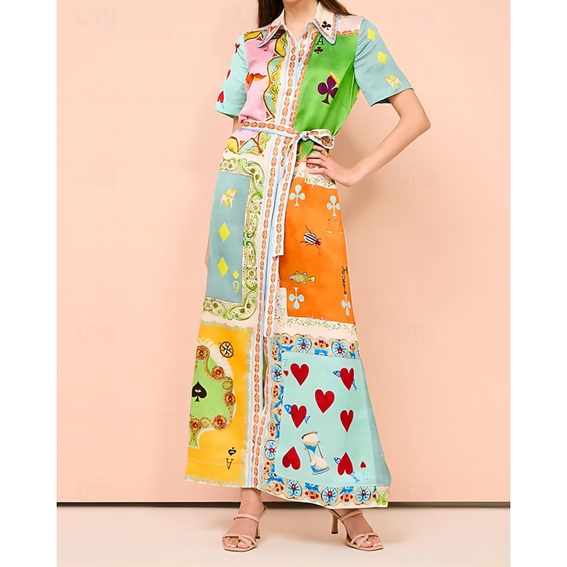 Women's Long Dress Maxi Dress Cotton Linen Dresses Casual Dress Fashion Outdoor Party Holiday Regular Fit Color Block Short Sleeve Shirt Collar Orange Summer4