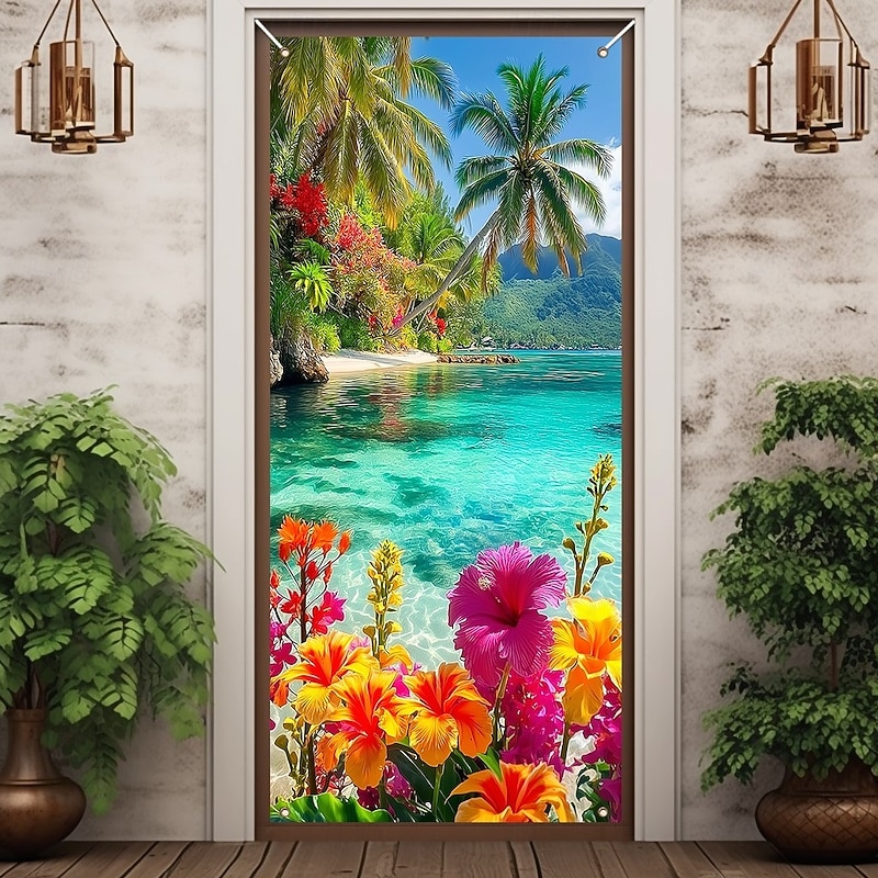 Ocean Beach Door Decorations Door Covers Summer Floral Door Tapestry Door Curtain Decoration Backdrop Indoor/Outdoor Door Banner for Front Door Farmhouse