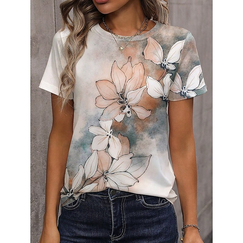 Women's T Shirt Floral Graphic Vintage Classic Casual Short Sleeve Crew Neck Regular Tops Daily Weekend Print Yellow Blue Purple Green Gray Summer2