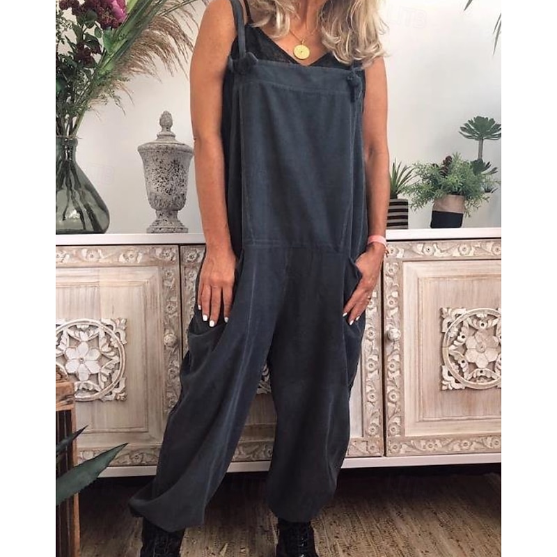 Women's Normal Cotton Linen Pants Streetwear Solid Color Sleeveless U Neck Pocket Street Daily Regular Fit Black Navy Blue Khaki Summer3