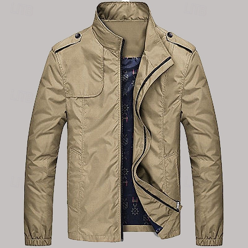 Men's Windbreaker Transition Jacket Going out Lightweight Pocket All Seasons Solid / Plain Color Stylish Stand Collar Regular Black Blue Green Khaki Dark Blue Jacket3