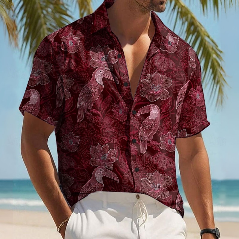 Men's Floral Print Tropical Flowers Parrot Shirt Summer Hawaiian Shirt Button Up Shirt Short Sleeve Hawaiian Resort Vacation Holiday Beach Wear Summer Spring Turndown 3D Print Collared Shirts Dark4