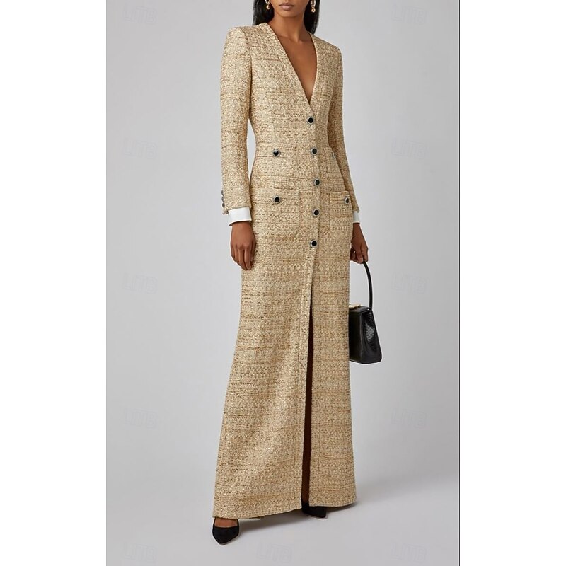 Tuxedo Dress Sheath Formal Wedding Guest Lace Elegant Simple Long Sleeve Floor Length V Neck Single Breasted