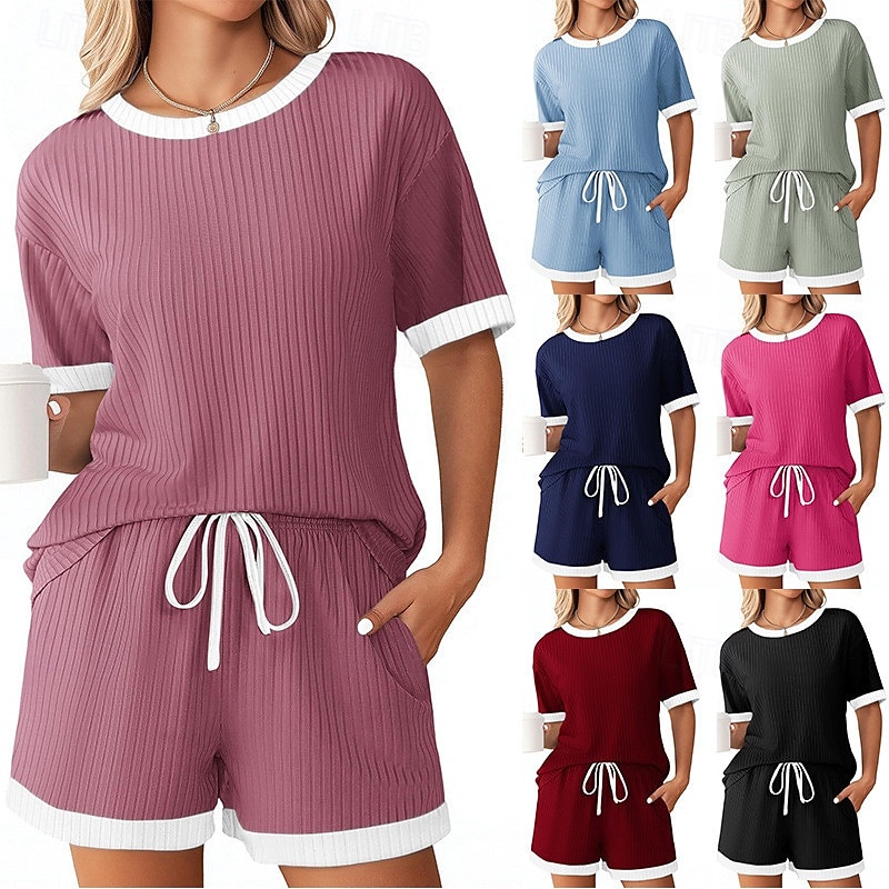 Women's EU / US Size Loungewear Fashion Casual Patchwork Pullover Shorts Home Daily Short Sleeve Crew Neck Black Light Green Wine Red Fuchsia Summer S
