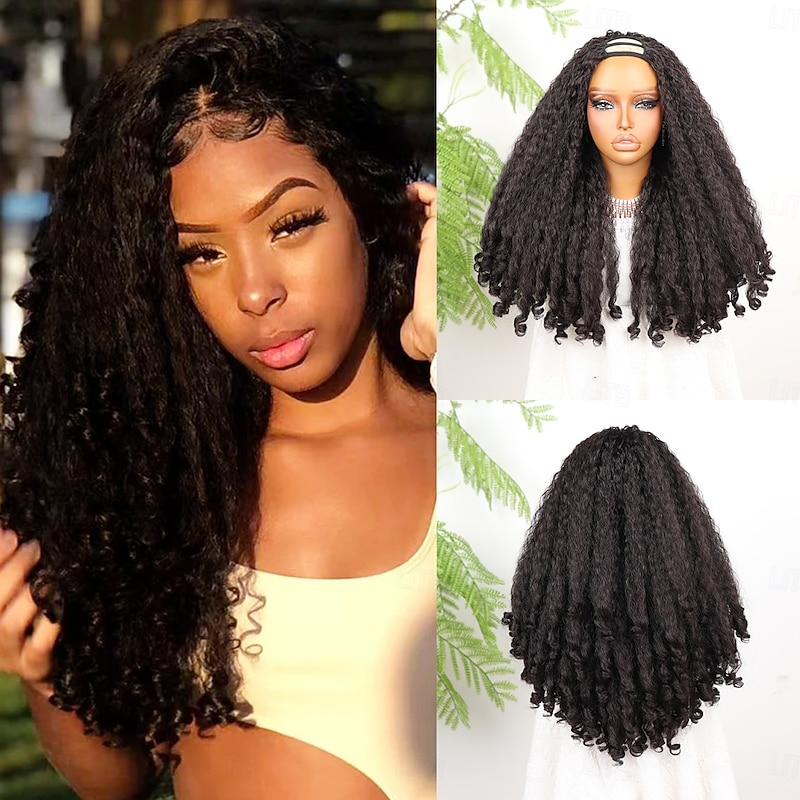 Synthetic Lace Wig Jerry Curl Style 20 inch Dark Brown Middle Part U Part Wig Women's Wig Dark Brown