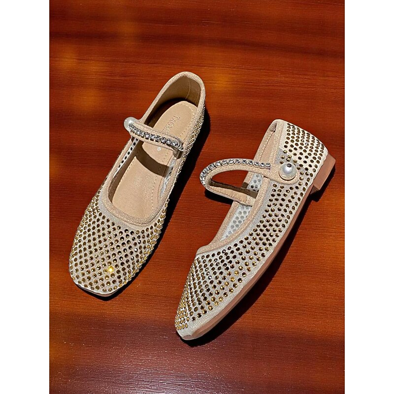 Women's Beige Mary Jane Flats with Rhinestone Detailing and Pearl Accent, Comfortable and Stylish, Perfect for Casual Date Nights4