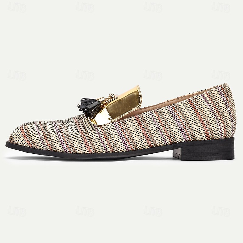Men's Gold Buckle Slip-On Loafers with Breathable Woven Nylon Upper and Black Tassels Statement Shoes for Adults Perfect for Retro Events Cocktail Parties Stage Performances3