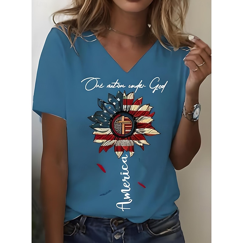 Women's Patriotic  T Shirt Graphic American Flag Vintage Stylish Classic Short Sleeve V Neck Regular Tops Daily Weekend Print Black White Yellow Blue Summer Spring4