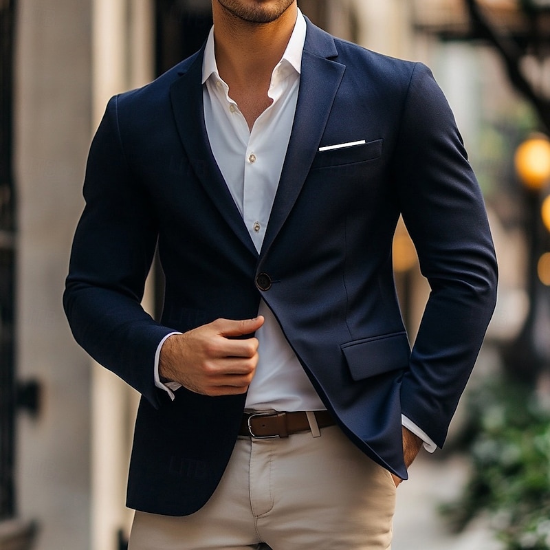 Men's Blazer Jacket Wedding Guest Casual Casual Daily Fashion Casual All Seasons Polyester Solid Colored Basic Single Breasted Blazer Navy Blue
