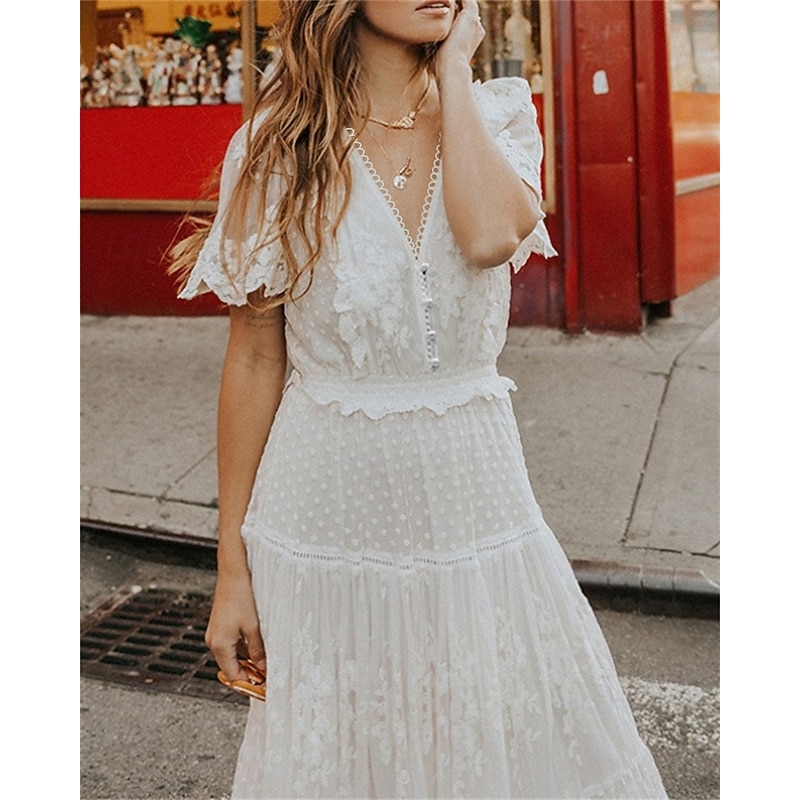 Women's Maxi long Dress White Dress Lace Dress Holiday Dress Swing Dress Elegant Romantic Boho Vacation Holiday Date Regular Fit Pure Color Short Sleeve V Neck White Summer Spring3
