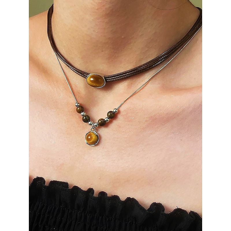 Women's Bohemian style double layer tiger eye stone pendant necklace set, Natural stone material, Suitable for casual, Daily and party wear2