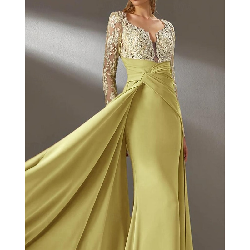 Dress Detachable Sleeve Mermaid / Trumpet Evening Gown Elegant Dress Formal Wedding Sweep / Brush Train Long Sleeve V Neck Chiffon Ruched Detail with Beaded Embroidery Applique4