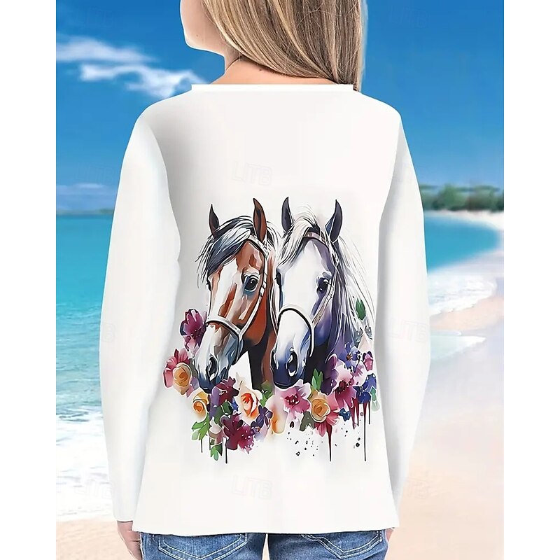 Girls' 3D Animal Horse T shirt Tee Long Sleeve Spring Fall Fashion Basic Kids 4-12 Years Crew Neck Outdoor Casual Daily Regular Fit4