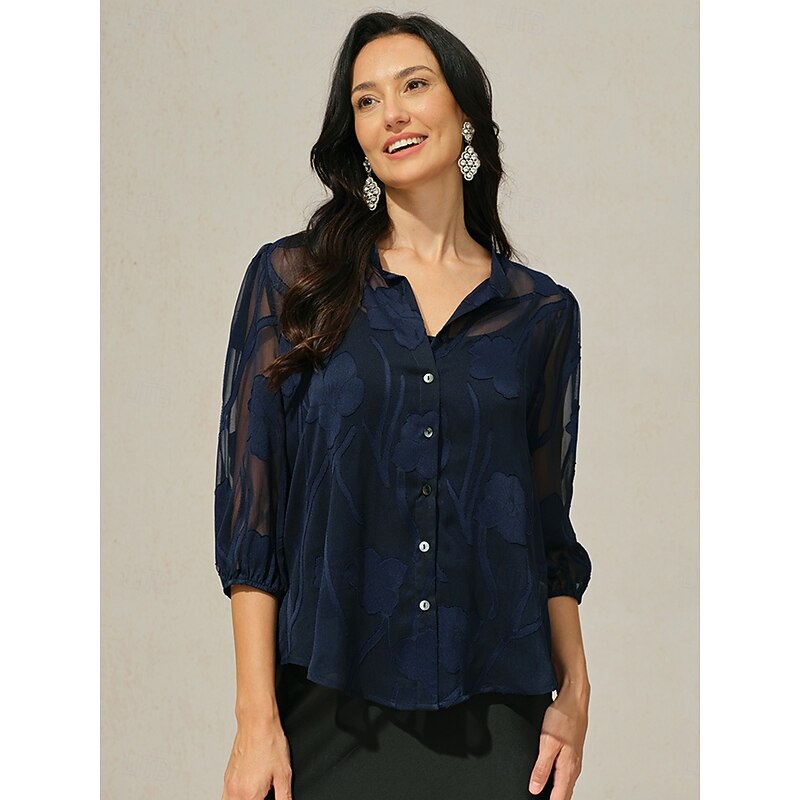 Women's Blouse Button-Up Shirt with Camisole Floral  Elegant Vintage Stylish Half Sleeve V Neck Regular Tops Work Holiday Going out Buttons Eyelet Navy Blue Summer Spring Fall4
