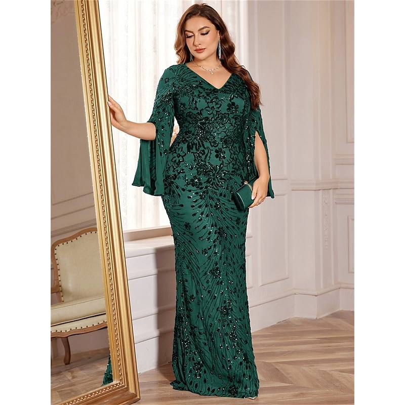 Mermaid / Trumpet Plus Size Dresses Elegant Curve Dress Formal Wedding Floor Length Long Sleeve V Neck Sequined with Sequin