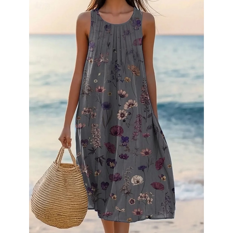 Women's Midi Dress Pleated Dress Vacation Casual Boho Beach Regular Fit Ombre Floral Graphic Sleeveless Crewneck Pink Grey Summer Spring2