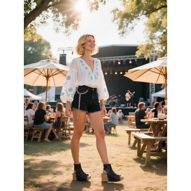 Women's Black Floral Cutout Lace-Up Wedge Sandals – Boho Festival Platform Shoes for Outdoor Events4