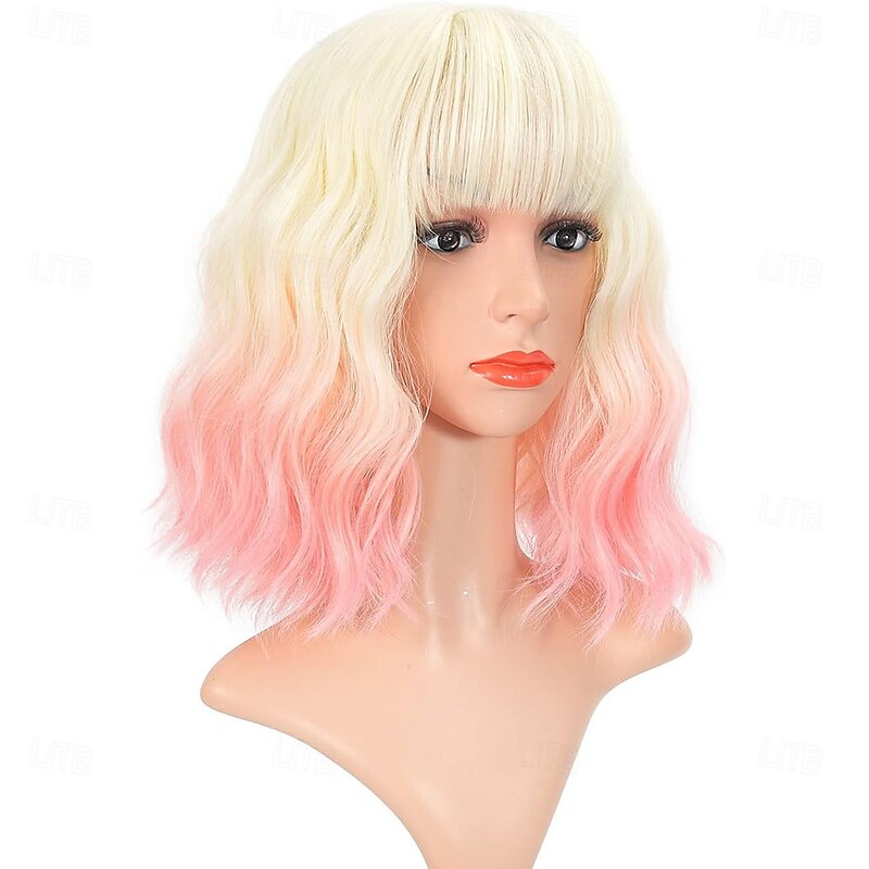 Ombre 2 Tone Color Curly Bob Wig With Air Bangs Natural Curly Wavy Short Bob Wigs Shoulder Length Wigs Synthetic Cosplay for Girl Colorful Wigs 12'' Blond to Pink 180.0 grams 1.0 count4