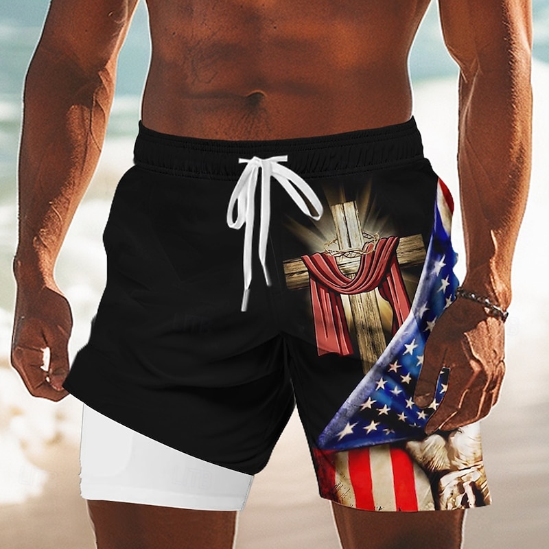 Independence Day Men's Flag Cross Patriotic Lined Shorts 2 in 1 Board Shorts Swim Trunks Mid Waist Holiday Side Pockets With Compression Liner Elastic Drawstring Waist Designer Clothing Apparel