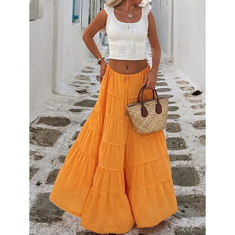 Women's Skirt A Line Solid Color Fashion Casual Maxi High Waist Skirts Plain Layered Micro-elastic Vacation Street Black White Orange Green Summer Polyester4