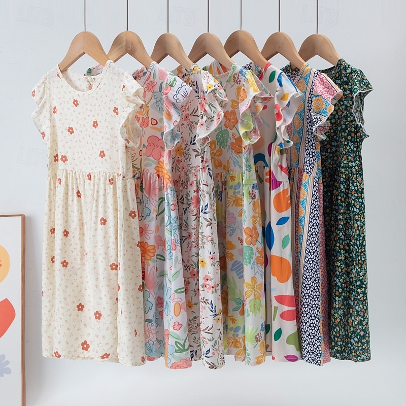 Kids Girls' Dress Flower Short Sleeve Outdoor Ruched Adorable Basic Cotton Knee-length Casual Dress Floral Dress Summer 4 years+ Light Pink Pink Blue