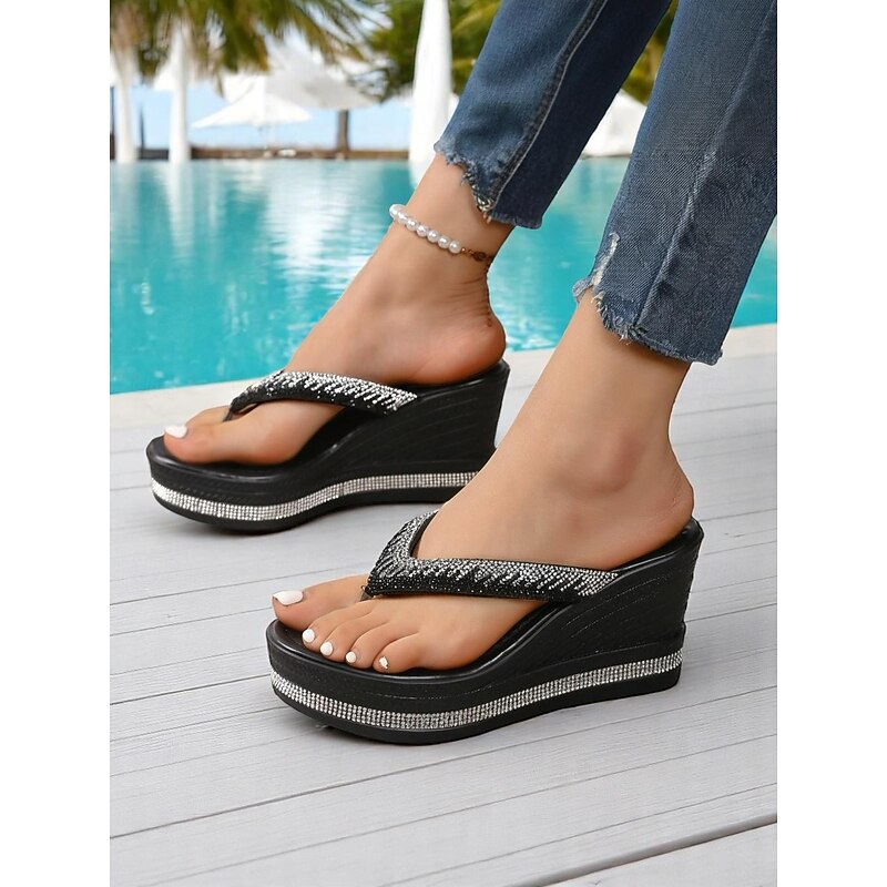 Women's Rhinestone Platform Flip Flop Sandals – Glitter Wedge Beach Shoes for Summer Vacation, Poolside, and Casual Outings2
