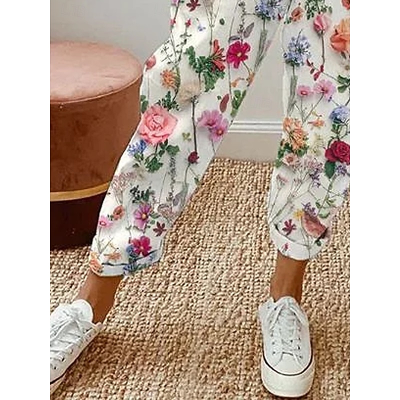 Women's Culottes Wide Leg Elegant Vacation Vintage Full Length High Waist Floral Graphic Printing Soft Breathable Micro-elastic Outdoor Daily Daily Wear rice white Summer Spring Regular Fit3