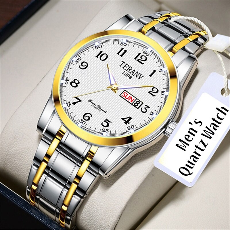 Fashionable Men's Steel Strap Quartz Watch with Simple Design Circular Dial Dual Calendar IPX7 Waterproof Night Light Watch Business Watch3