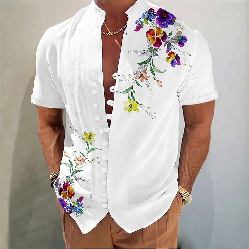Men's Floral Print Flowers Summer Hawaiian Shirt Aloha Shirt Stand Collar Shirt Short Sleeve Hawaiian Vacation Beach Wear Summer Spring Mandarin Collar 3D Print Button Down Shirts Pink Blue Purple
