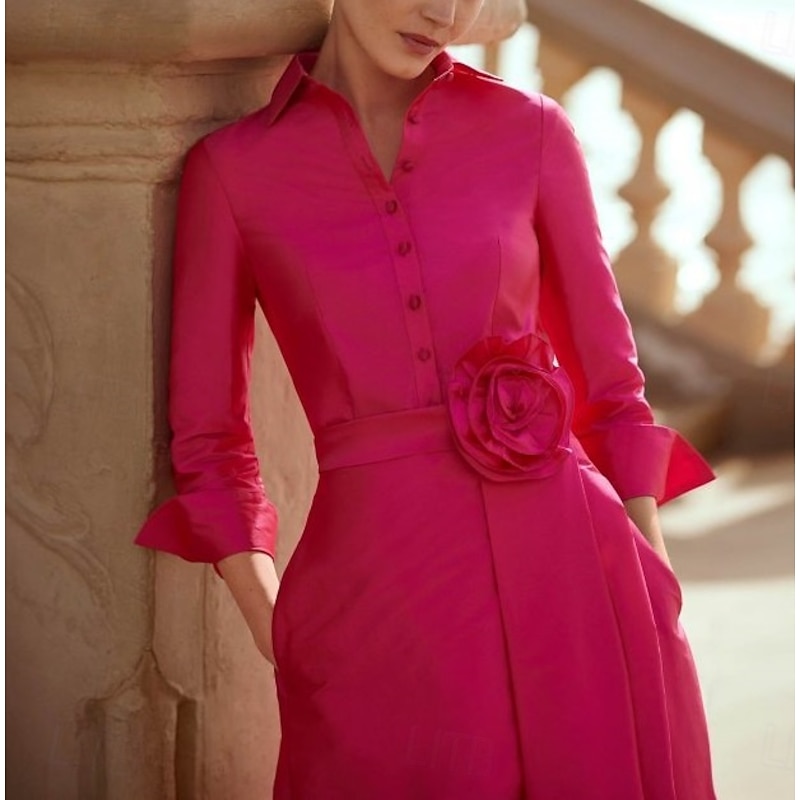 A-Line Mother of the Bride Evening Gown Elegant Dress Formal Wedding Floor Length 3/4 Length Sleeve Shirt Collar Pocket Taffeta with Slit4