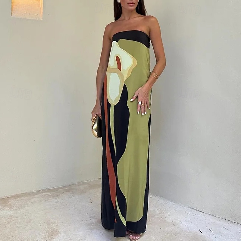 Women's Long Dress Maxi Dress Cocktail Dress Print Dress Fashion Modern Vacation Holiday Tea Party Regular Fit Color Block Sleeveless Strapless Green Summer